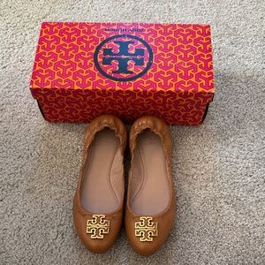 Tory Burch Brown Flats with Gold Logo